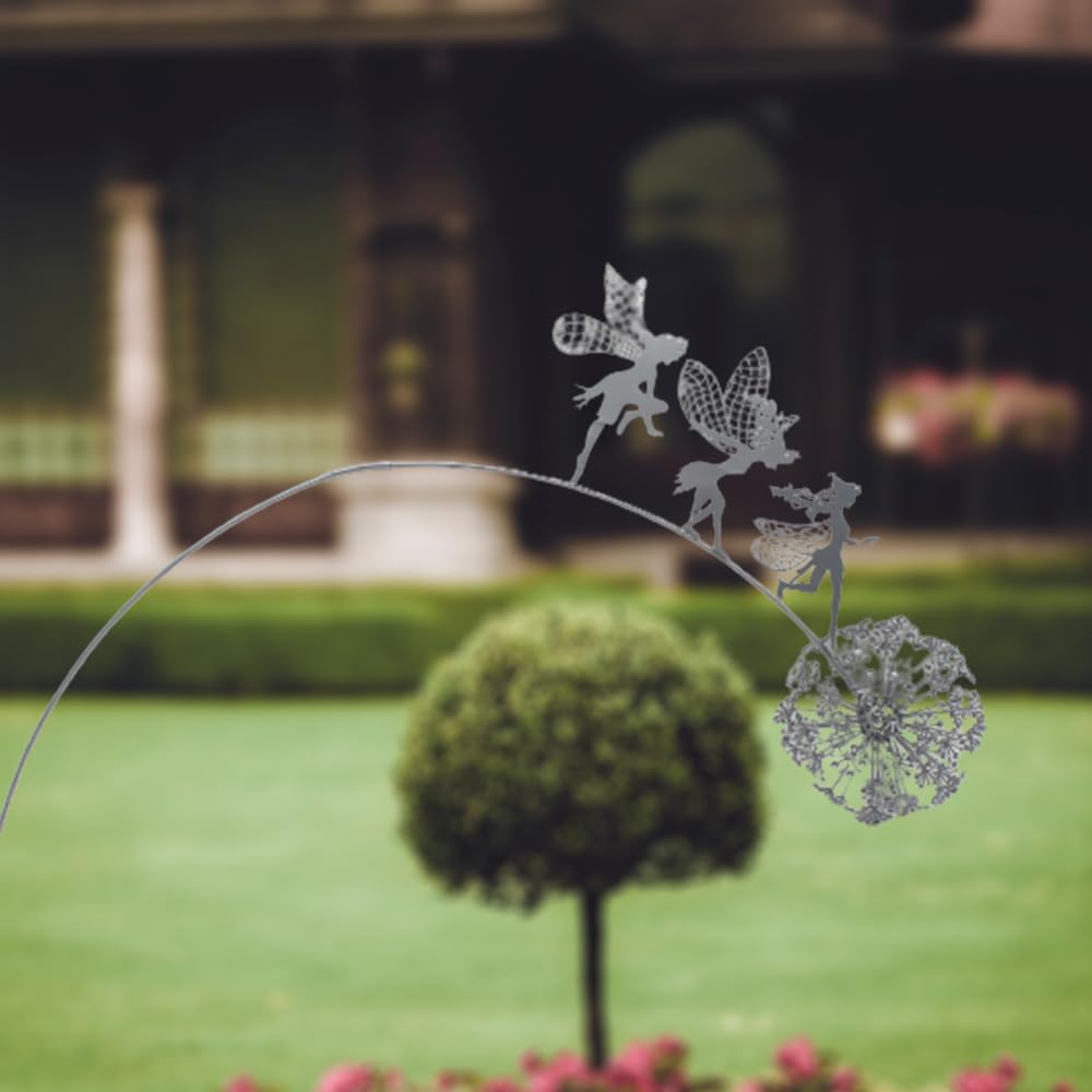Fcteap Flower Fairy Dancing with Dandelion Garden Art Sculpture Stainless Steel Statue Christmas Halloween Decoration for Outdoor Yard Courtyard Lawn Patio Metal Ornaments (Three Persons)