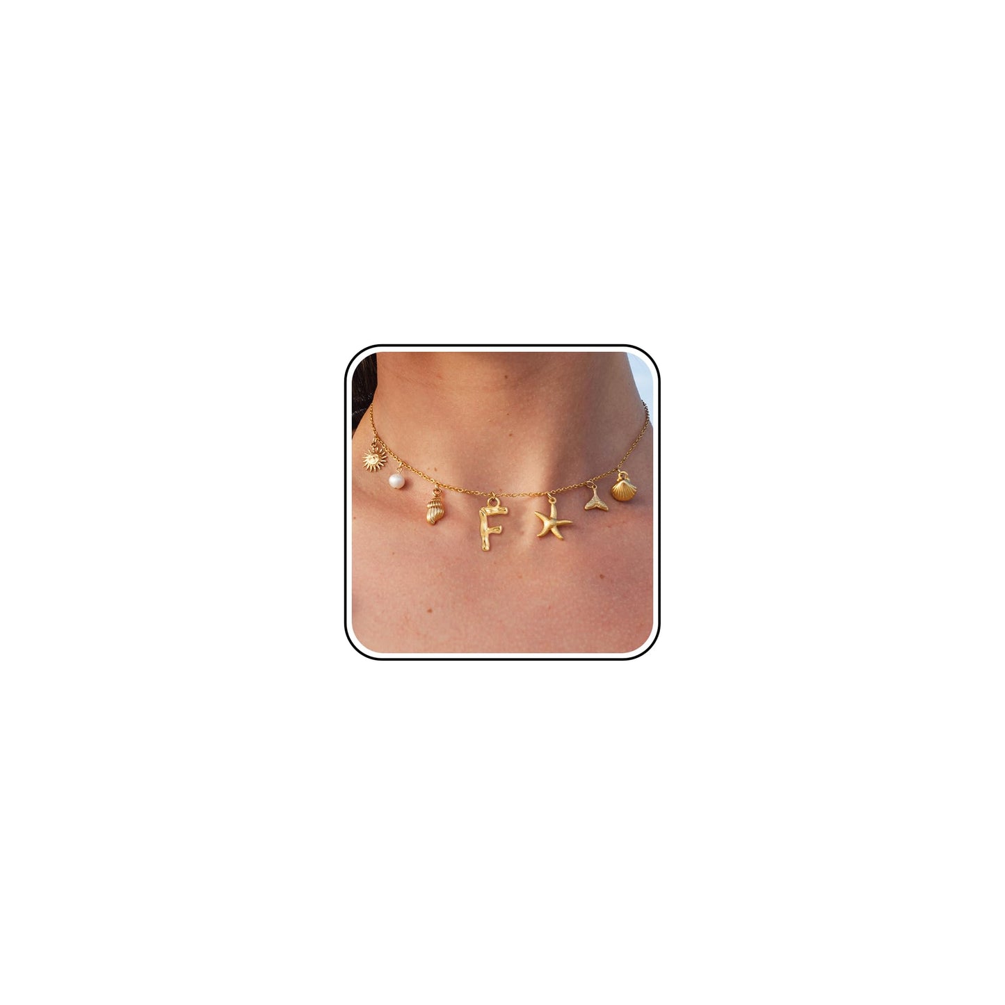 SLOONG Initial Charm Necklace 14K Gold Plated Letter Neckalce Freshwater Pearl Necklace Choker Boho Summer Seashell Beach Starfish Surfer Jewelry Gifts for Women F