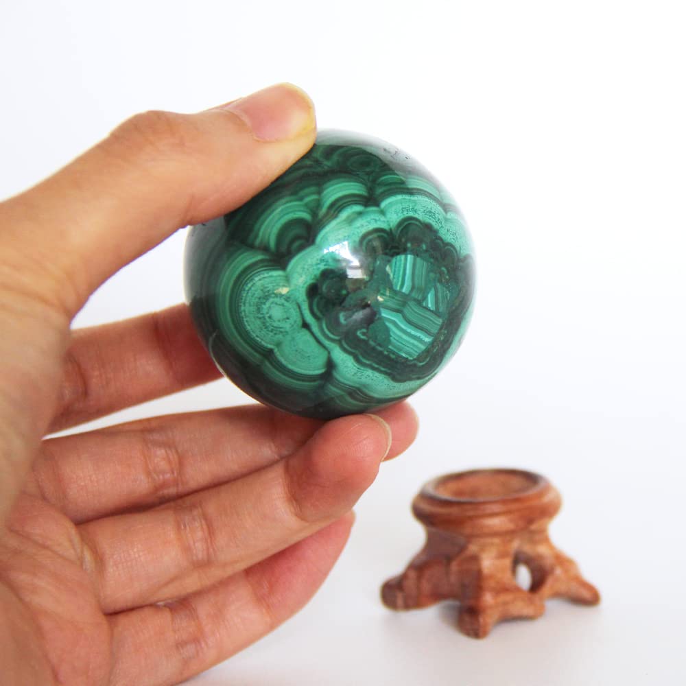 KINO Natural Malachite Sphere with Wood Stand Crystal Healing Mineral Gemstone Ball Divination Sphere Sculpture Figurine