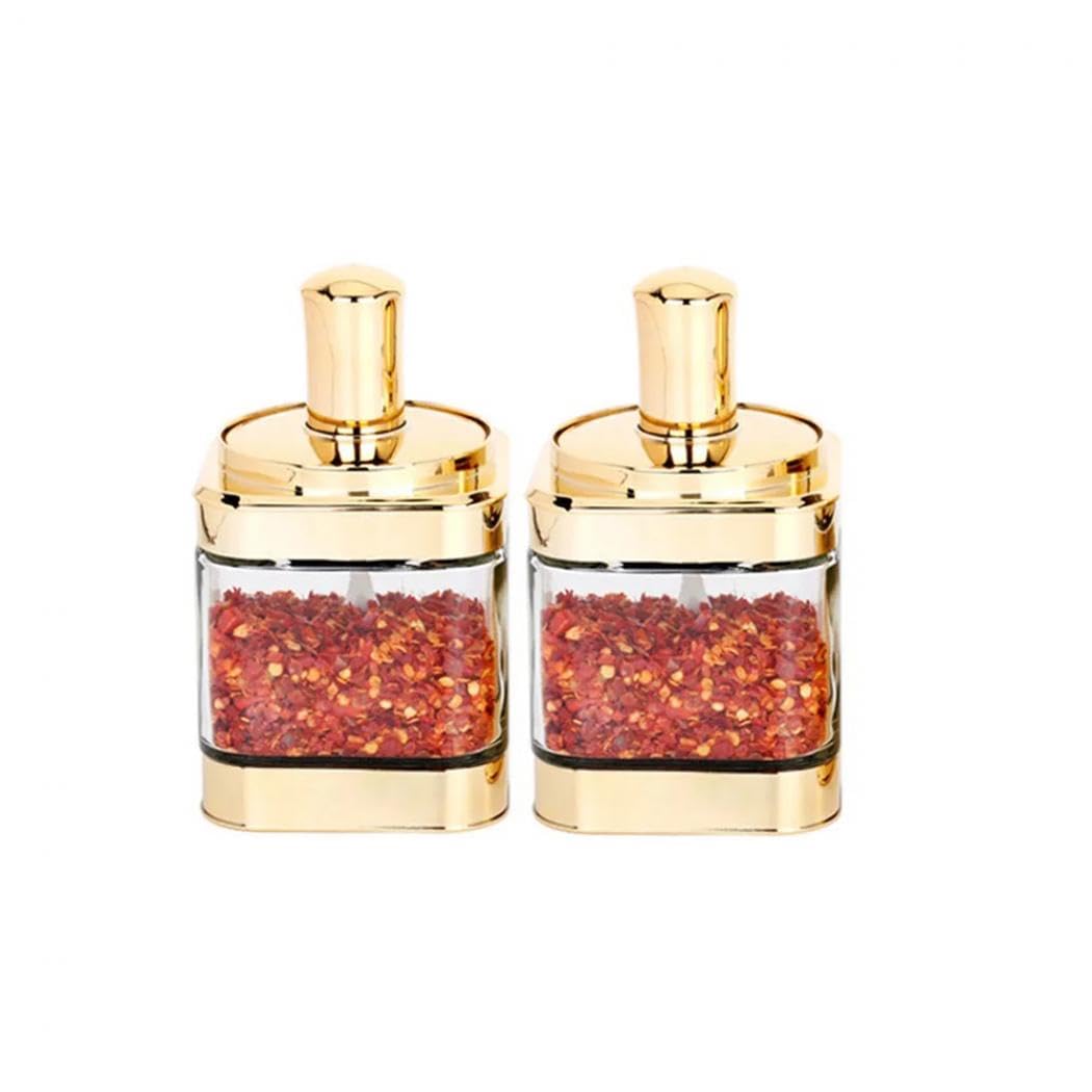 Magnitt Glass Condiment Spice Jars, 2PC Container with Lids and Spoons, Sugar Bowls Seasoning Box Set, Best Spice jar for Your Home, Kitchen, Counter (Gold(11oz/320 ml))
