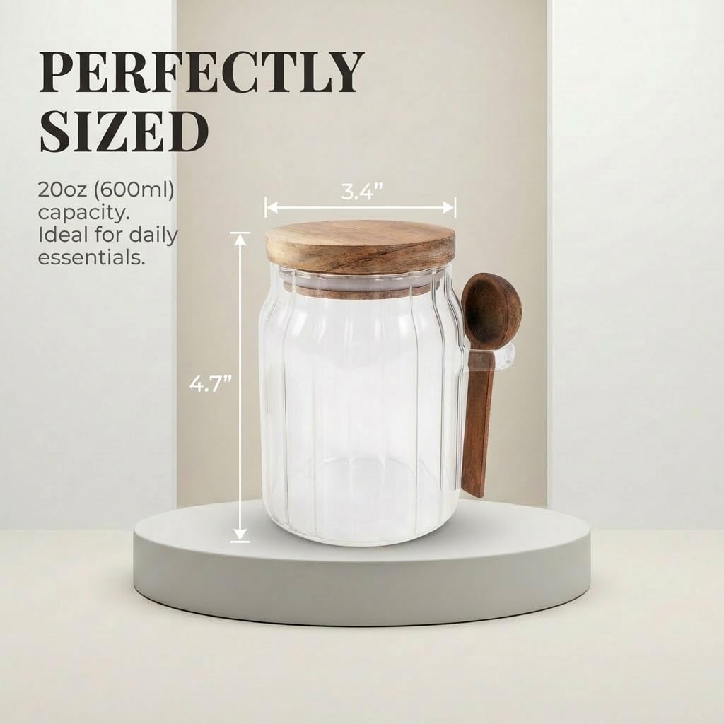 FUYIHGL® 3PCS Glass Storage Jars with Wooden Lids & Spoons – 20oz Airtight Canister Set with DIY Blank Labels – Decorative Small Containers for Coffee Bar, Bath Salts, Sugar, Spice & Overnight Oats