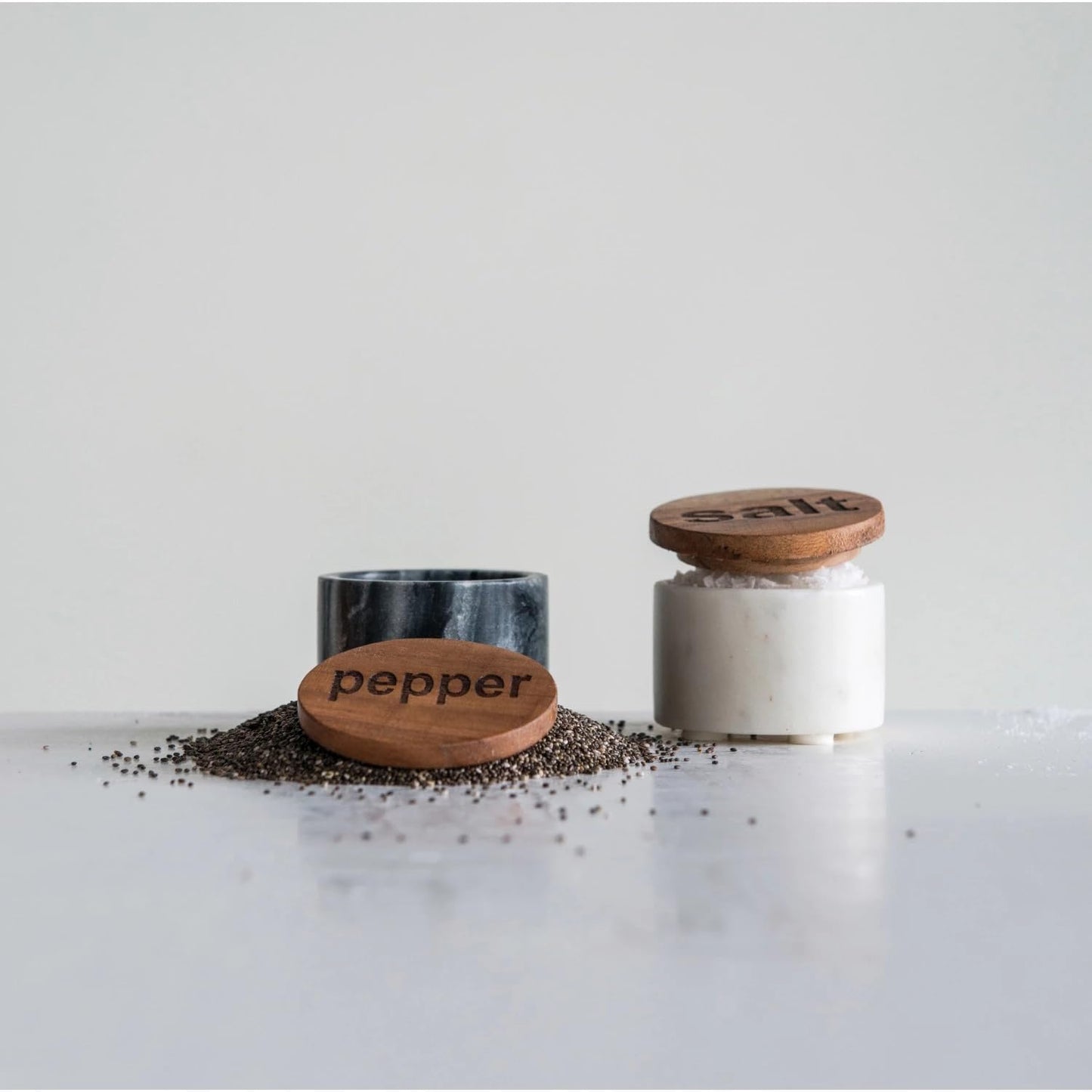 The Bridge Collection Contemporary Salt and Pepper Pinch Pot - Unique Kitchen Accent for Modern Dining Spaces -Sleek Marble Base with Wooden Tops Functional Dining Decor