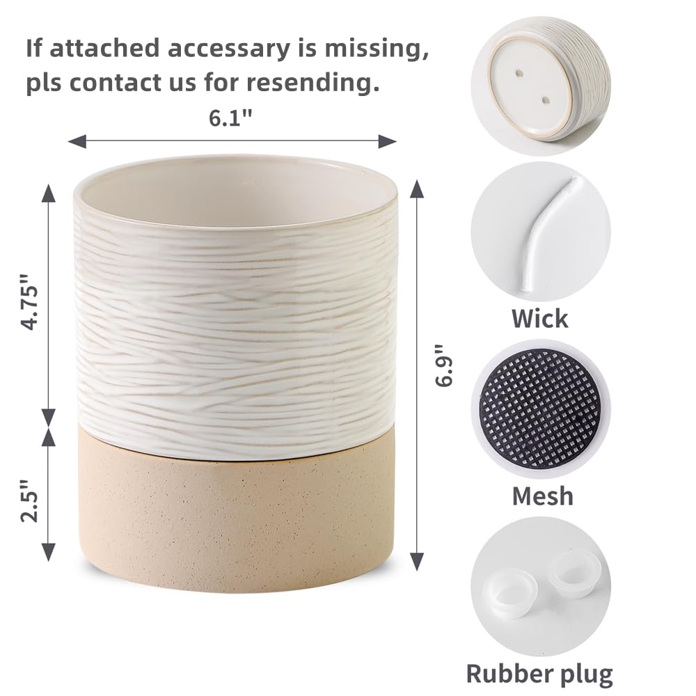 Nihow Self Watering Plant Pot: 6 Inch Ceramic Planter with Drainage Hole & Water Storage Plus for Indoor & Outdoor Plants - Cylinder Round Flower Pot for Succulent/Herbs/Violets - Cream White & Brown