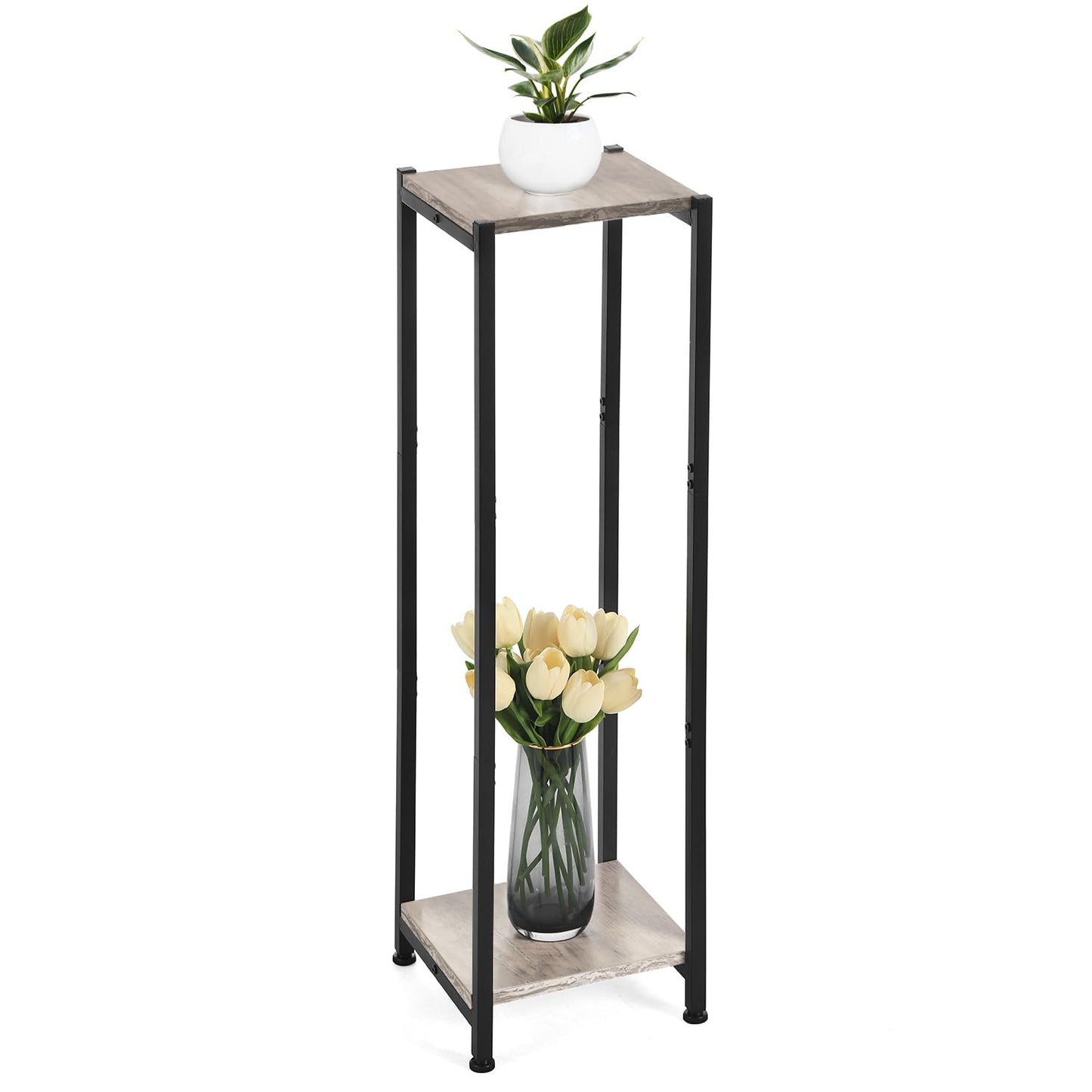 Dipion Extra Tall Plant Stand Indoor,40 Inch Plant Stands,2 Tier Metal Plant Stand with Heavy Duty Wood,Greige and Black