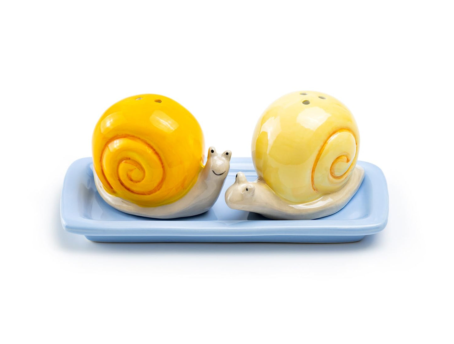 Happy Snails Ceramic Salt and Pepper Shaker Set with Tray, Spring Decor, Garden Party, Seasonal Gift
