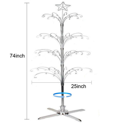 HOHIYA 74” Rotating Ornament Display Tree with 90 Hooks Heavy Duty Metal Christmas Ornament Stand Chrome Silver Holiday Display Rack Christmas Tree Alternative