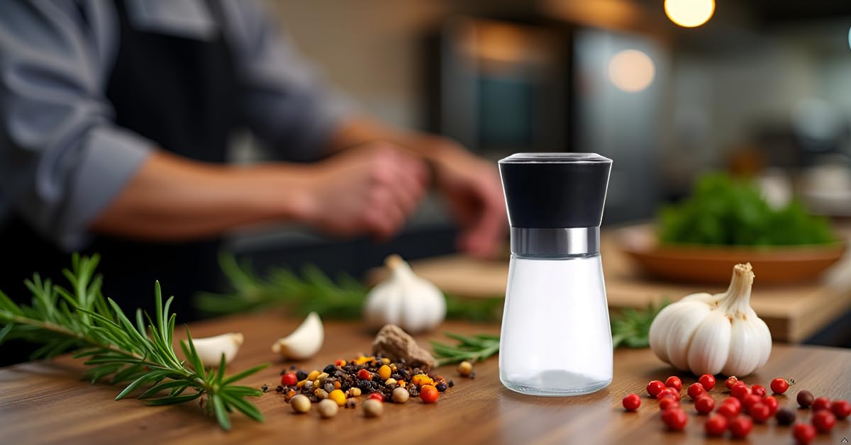 Premium Herb and Spice Grinder – Manual Glass Jar with lid with Adjustable Ceramic Burr, Portable Coffee Bean Grinder, Pepper Mill, Salt Grinder, Seed Grinder and Kitchen Spice Crusher