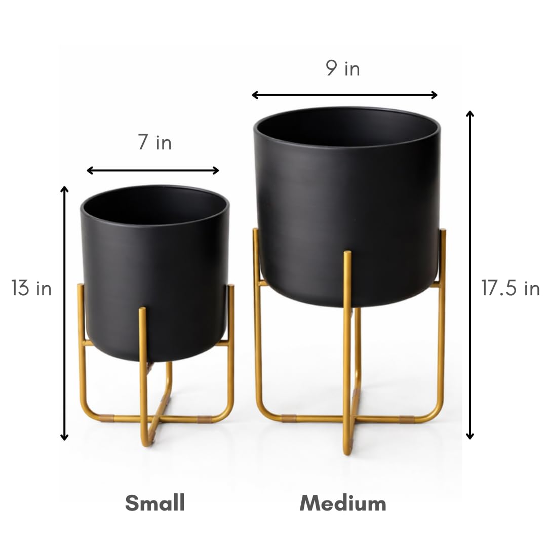 Kirpi Modern Planter Pots, Set of 2 Round Black Planters with Gold Stand, Decorative Floor Planters, Metal Pots with Drainage Holes for Living Room, Office, Garden, Balcony, 7 and 9 Inch Diameter