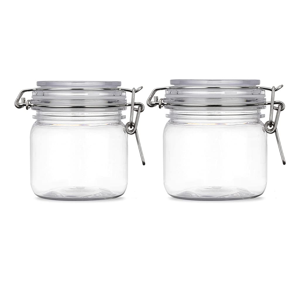 Lokusel 2 Pcs 10 Oz/300ml PET Plastic Storage Jars with Airtight Hinged Lids,Durable Clear Wide Mouth canning Jars for Food Storage Oats Canning Cereal Pasta Sugar Coffee Nuts Spices