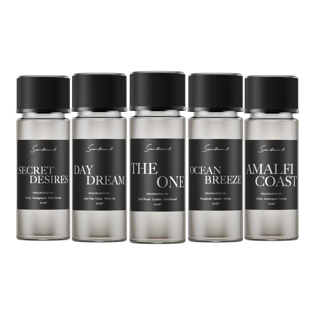 Scentiment Hotel Diffuser Oil Discovery Kit | Inspired by Elite Five Star & Luxury Hotel Scents | Aromatherapy Oils with Notes of Cardamom, Tuscan Leather, and Sandalwood (20ml, Top 5 Scents)