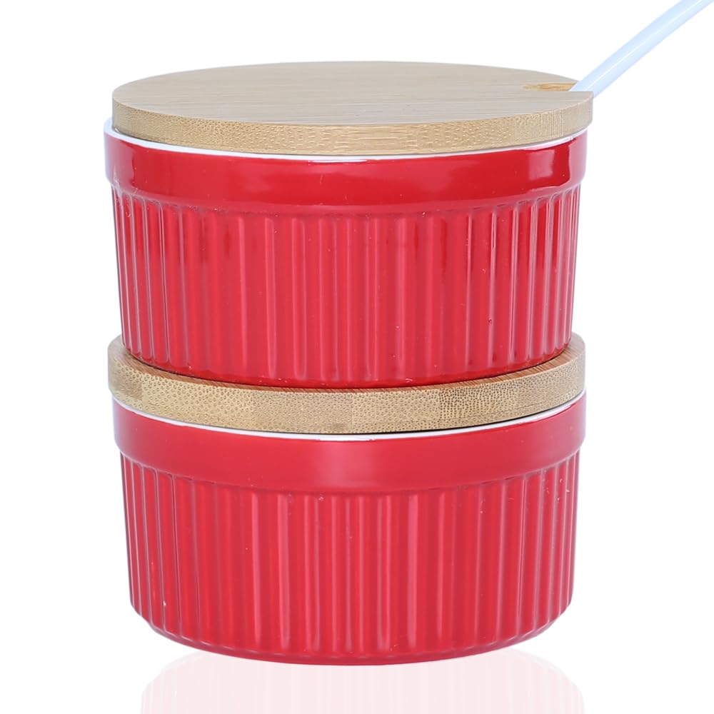 YAZYLIFE Salt and Pepper Bowls, 8OZ Ceramic Spice Cellars with Lid and Spoon For Kitchen, Condiment dispensers,Stacking Container for Salt, Pepper,Sugar, Spice, Set 0f 2. (Red)