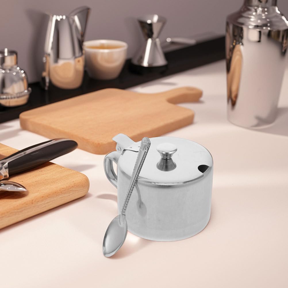 DEARMAMY Stainless Steel Sugar Bowl Set with Lid and Spoon 3-Piece Sugar Container for Kitchen Countertop Storage Holds Salt Pepper Spice 3.93 X 3.14 X 2.67 in