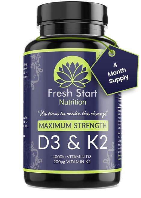 Vitamin D3 4000 IU and Vitamin K2 200µg MK7 - Vitamin D3 K2 High Strength Supplement - 120 Capsules 4 Month Supply Cholecalciferol - K2 Menaquinone-7 - Made in The UK