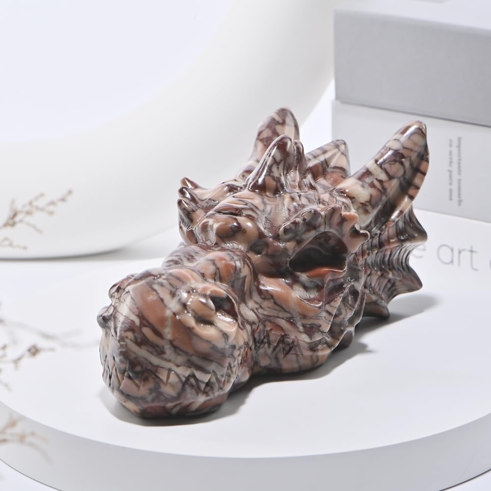 Bmuafry 6''Natural Dragon Head Crystal Skull Head Hand Carved Reiki Healing Stone Statue Healing Home Office Art Room Decoration (Chocolate Stone, 6inch)
