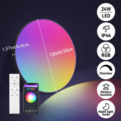 CANMEIJIA LED Ceiling Light IP44, 12 Inch 24W Smart Ceiling Lights RGB Dimmable with Remote Control Bathroom Lights 3000-6500K 2520LM for Living Room Bedroom Kitchen Hallway Round,Black