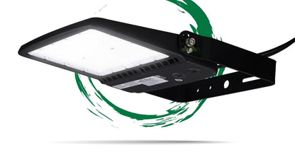Hetria Lighting 200W - Elara Series - LED Parking Lot Light with Photocell - 28,000 lumens - Bright White 5000K - Wattag Selectable - Flood Mount - Black Housing - DLC 5.1 Premium