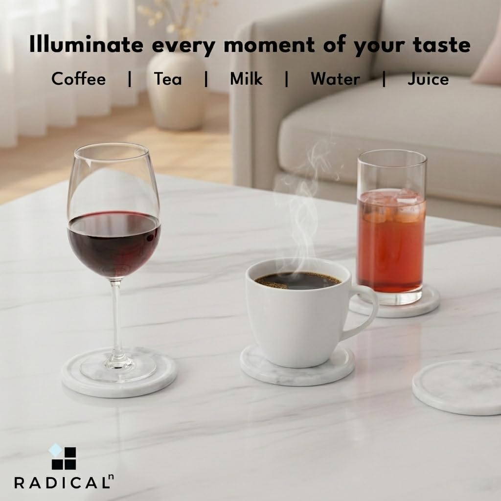 Radicaln White Marble Coasters Set of 4 Handmade 3.5" Inch Round Coasters for Drinks, Elegant Coaster Set with Holder for Dining and Coffee Tables
