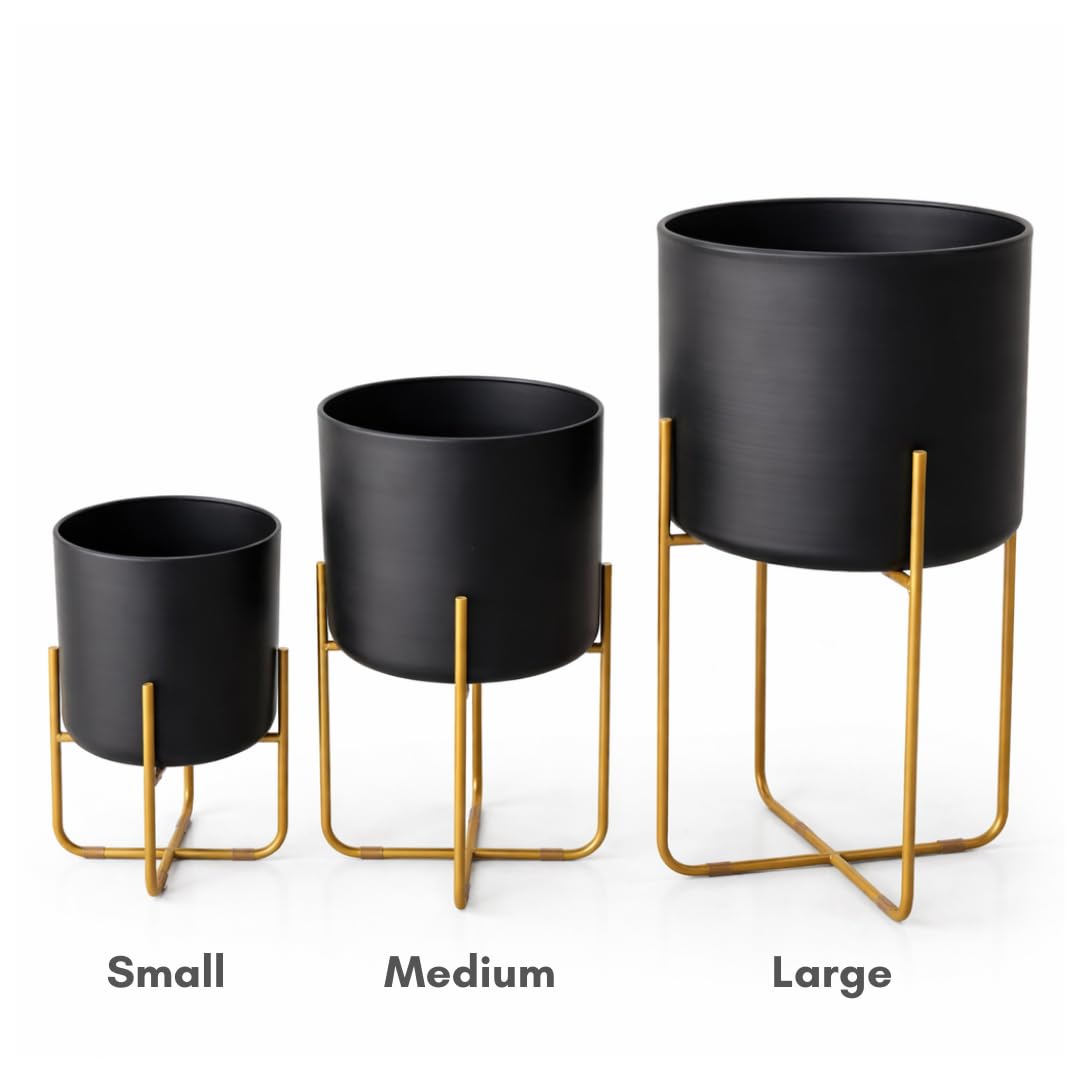 Kirpi Modern Planter Pots, Set of 2 Round Black Planters with Gold Stand, Decorative Floor Planters, Metal Pots with Drainage Holes for Living Room, Office, Garden, Balcony, 7 and 9 Inch Diameter