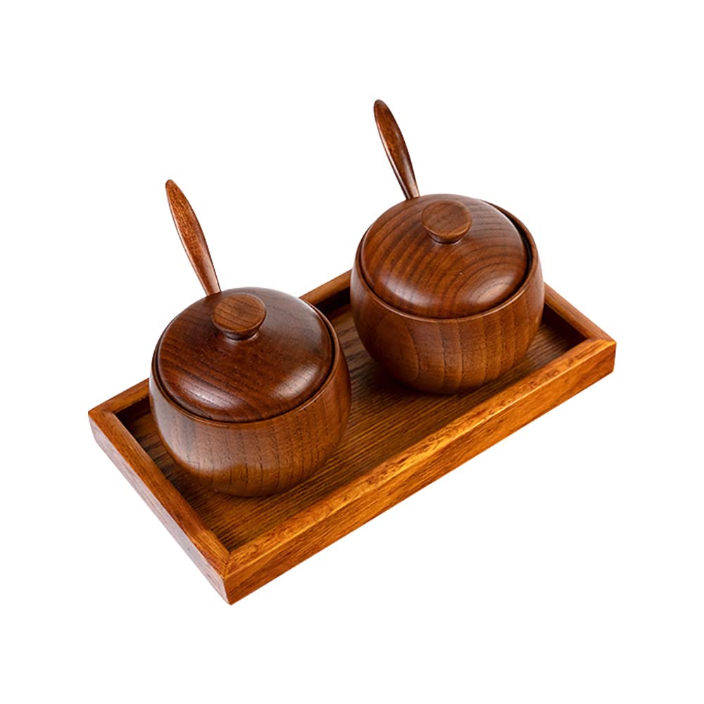 YMYL 2 Pcs Wood Condiment Pot Spice Jars, Natural Wooden Sugar Bowl Pepper Seasoning Container Condiment Pot with Lid, Spoon and Tray for Herbs Salt Pepper Spices