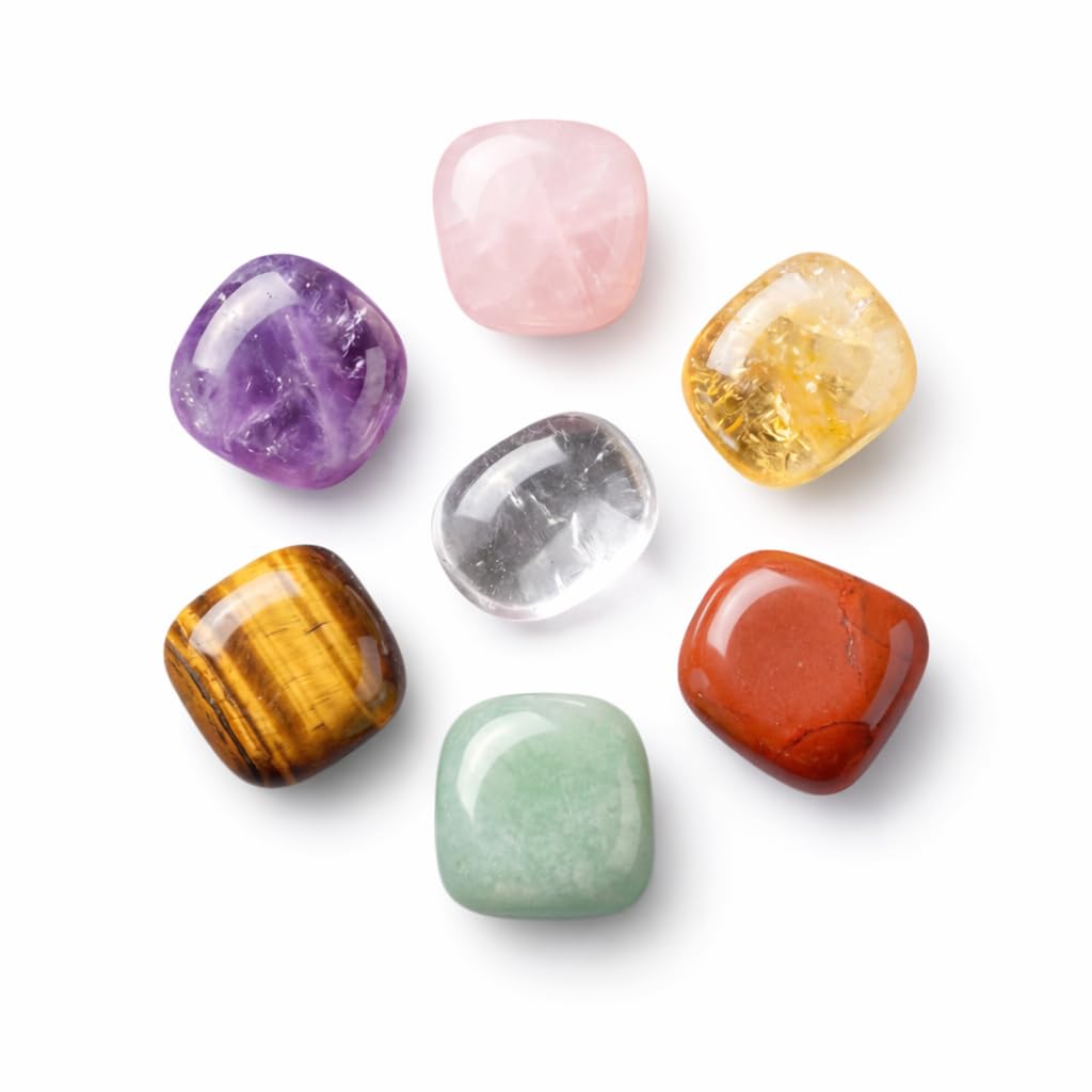 7 Chakra Crystal Stones Set – Healing Tumbled Gemstones for Meditation, Reiki & Chakra Balancing – Amethyst, Rose Quartz, Citrine, Clear Quartz, Tiger Eye, Green Aventurine & Red Jasper