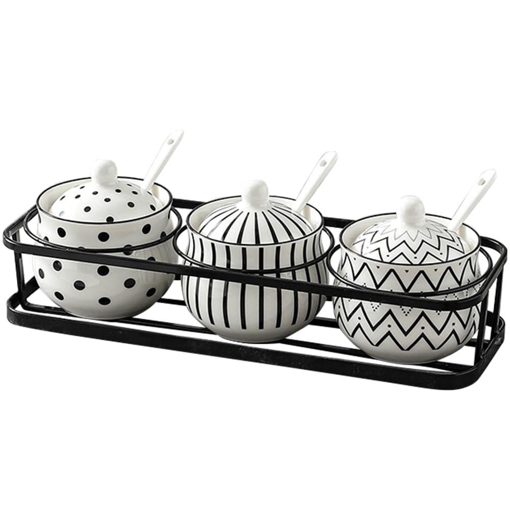Ceramic Spice Jars Porcelain Condiment Jars Set with Spoon and Lid Condiment Pots for Salt, Sugar, Pepper Seasonings Set of 3 (Black Wall Mounted Rack)