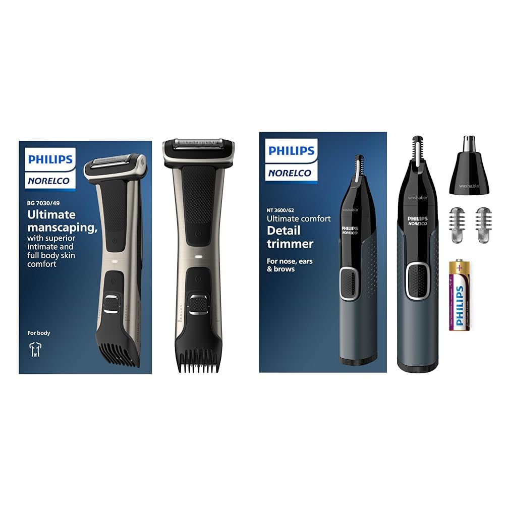 Philips Norelco Body Groomer 7000 Series, Men's Whole Body Groomer, Contour-Following 2D Flexing Head, Triple Protect Shave System & Intimate Body Hair Trimmer, 100% Showerproof, BG7480/50