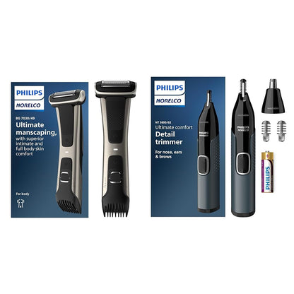 Philips Norelco Body Groomer 7000 Series, Men's Whole Body Groomer, Contour-Following 2D Flexing Head, Triple Protect Shave System & Intimate Body Hair Trimmer, 100% Showerproof, BG7480/50