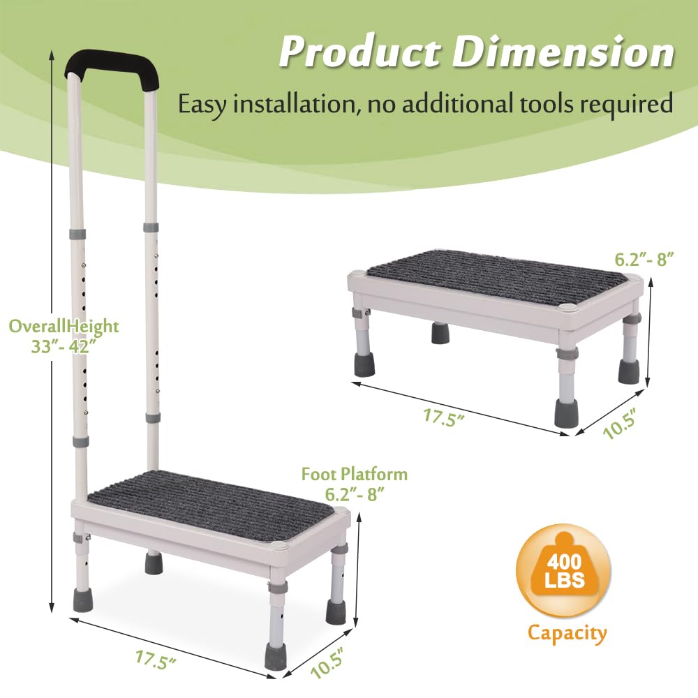 Medical Step Stool with Handle for Elderly Bed Steps for High Beds Adults Bedside Steps with Rail Safety Handicap Bed Stairs Seniors Adjustable Platform Heavy Duty Stepping Stool