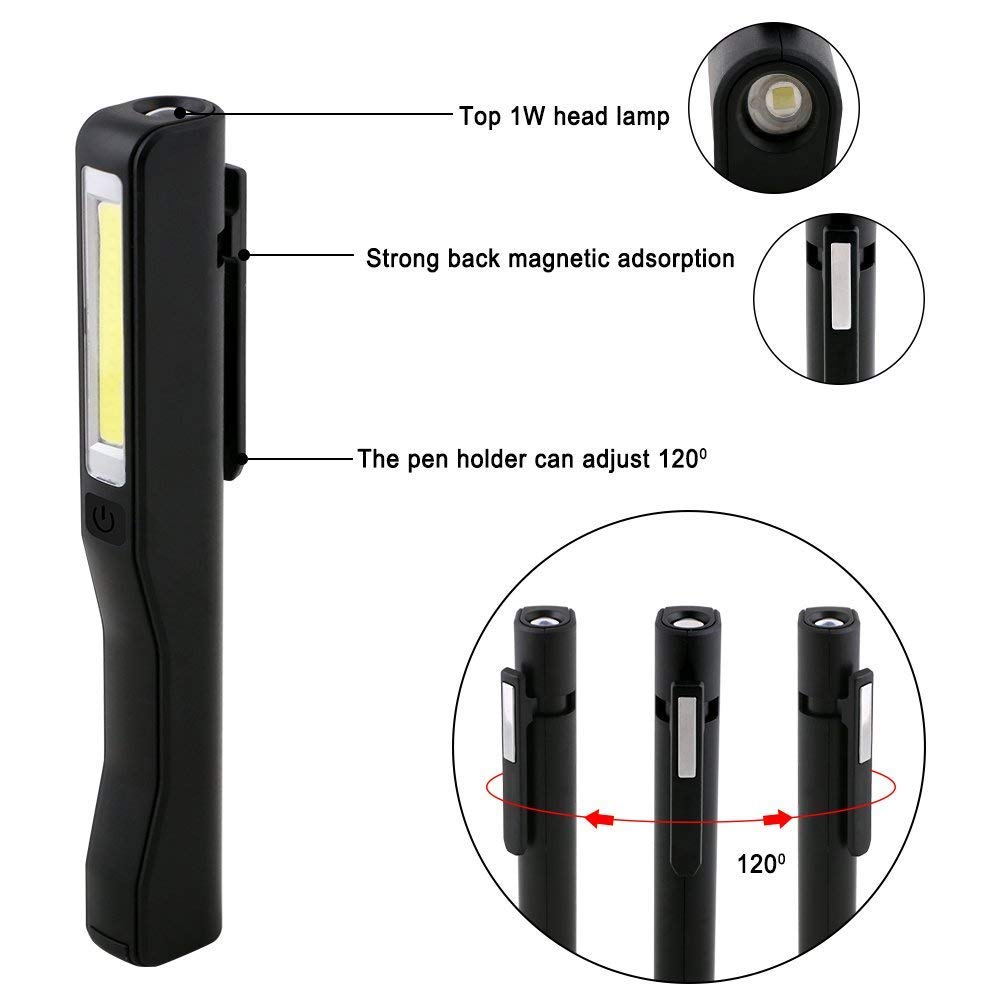 flintronic USB Rechargeable Work Light, 2Pcs Inspection Lamp LED Torch, Magnetic Clip Pocket COB Flashlight for Home, Workshop, Camping, Emergency (Black&red)