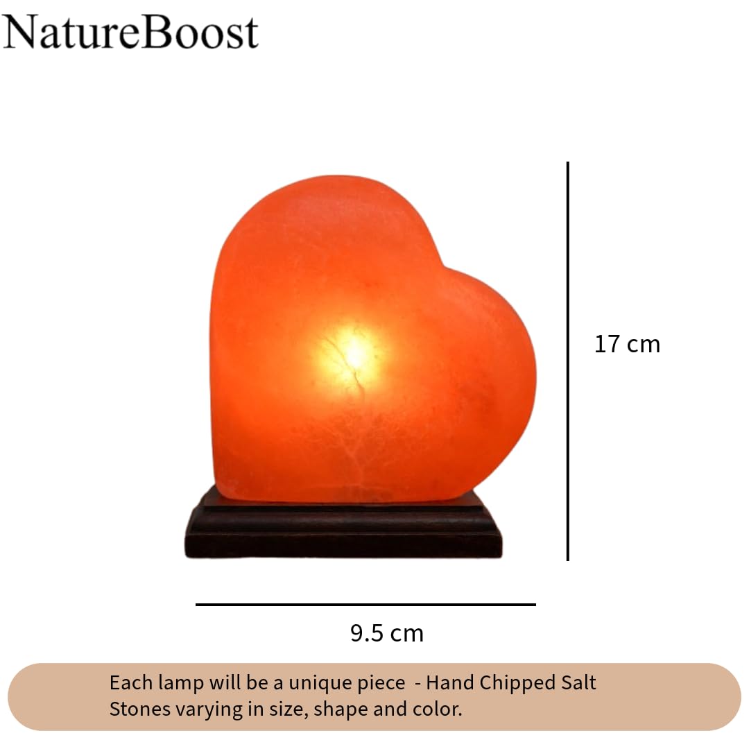 NatureBoost Himalayan Pink Salt Lamp – Heart Shape with Dimmer Switch & 2 Bulbs – 6.5 Inches Hand-Carved Rock Salt Lamp from Pakistan – Romantic Glow for Bedroom, Gift & Home Décor, Unique Gift Idea