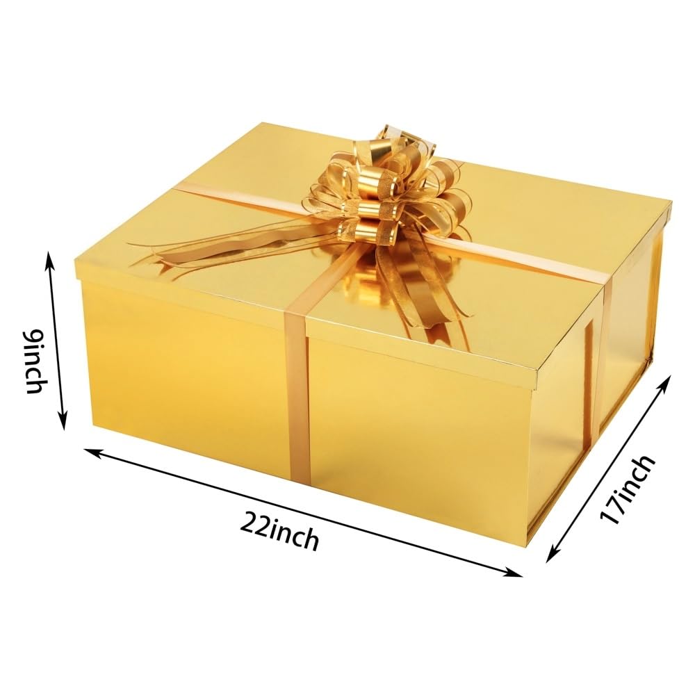 UoeRing Gold Extra Large Gift Box 1Pcs 22x17x9 inch,luxury Gift Box with Lid for Presents Birthday Christmas Valentine's Day (Contain Pull Bows,Card,Envelope,Filler)