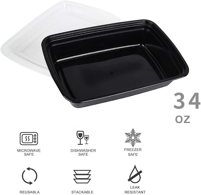 50-Pack Food Prep Containers, 1000ML/ 34 OZ Microwavable Food Storage Containers