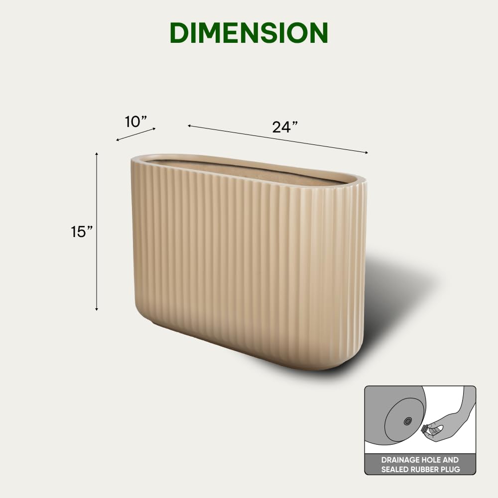 Wil & Vic 89s 15" H x 24" L Sirius Fiberglass Planter, Round Indoor and Outdoor Plant Pot with Drainage Hole, Lightweight, Durable Minimalist Home, Included Extra Coco Mats, Taupe