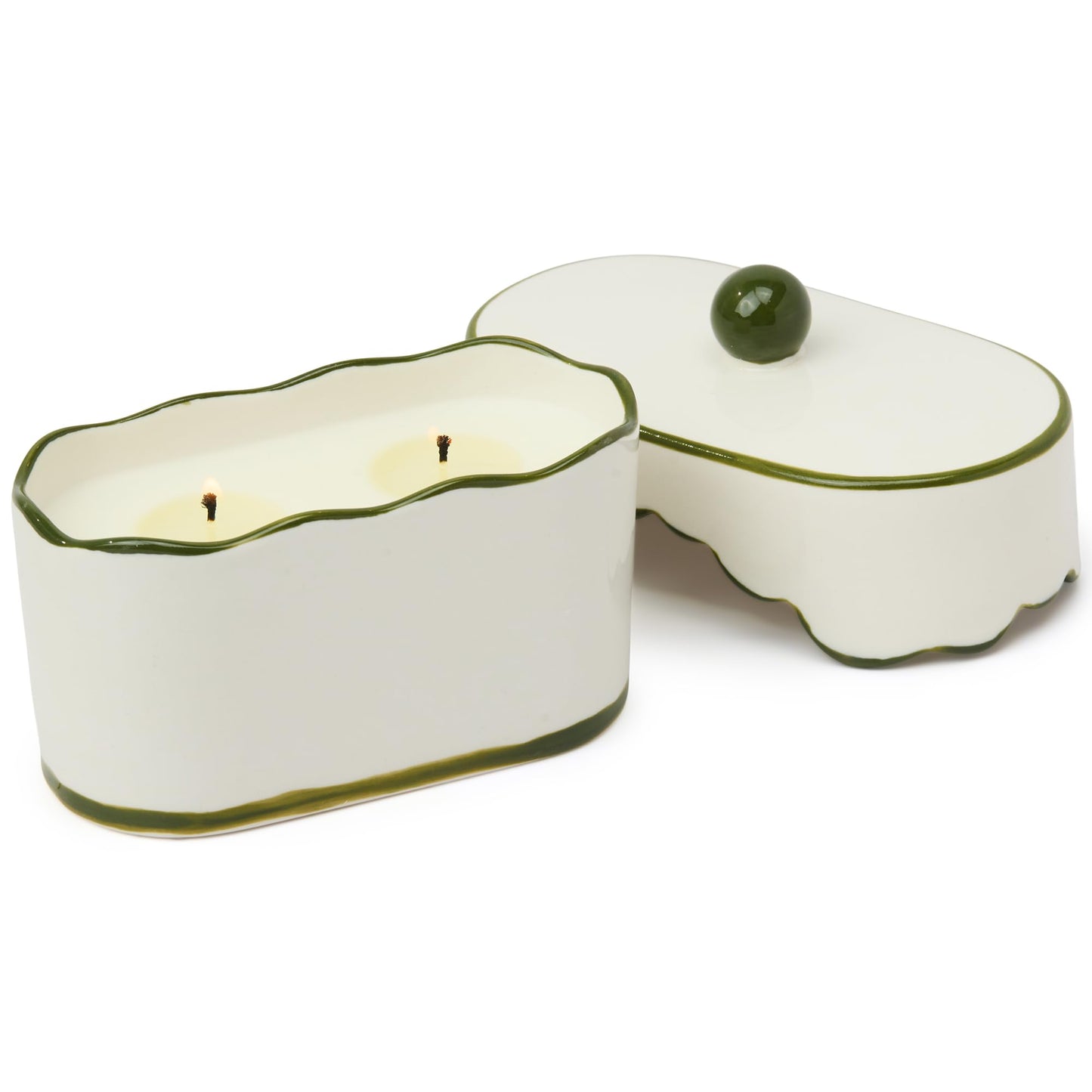 Paddywax CHÉRIE Ceramic Dish Candle, Soy Wax Candle, Poured with Love Ceramic Jar with Scalloped Lid, Reusable Vessel, 5.5 oz, Smoked Pistachio