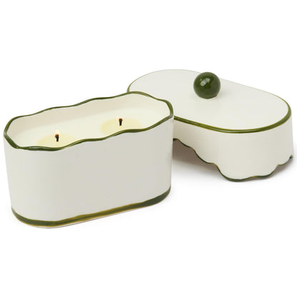 Paddywax CHÉRIE Ceramic Dish Candle, Soy Wax Candle, Poured with Love Ceramic Jar with Scalloped Lid, Reusable Vessel, 5.5 oz, Smoked Pistachio
