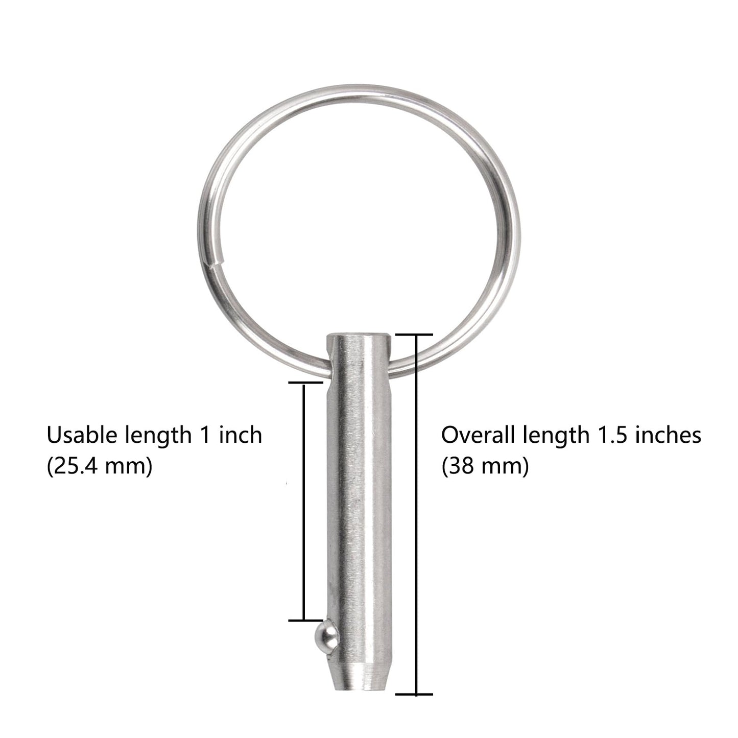 2 PCS Marine 316 Stainless Steel Quick Release Pin Bimini Top Pin, Diameter 1/4"(6.3 mm), Overall Length 1.5"(38 mm), Usable Length 1"(25.4 mm)