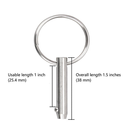 2 PCS Marine 316 Stainless Steel Quick Release Pin Bimini Top Pin, Diameter 1/4"(6.3 mm), Overall Length 1.5"(38 mm), Usable Length 1"(25.4 mm)