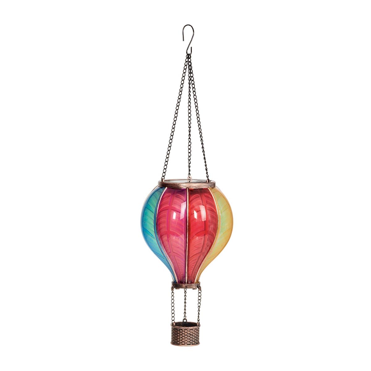 Festive Lights - 45cm Solar Power Rainbow Stain Cool Fiesta Realistic Flame Outdoor Hanging SMD LED Hot Air Balloon Lantern - Multicoloured Glass Effect Flaming Garden Light with Handle