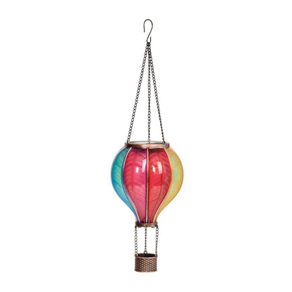 Festive Lights - 45cm Solar Power Rainbow Stain Cool Fiesta Realistic Flame Outdoor Hanging SMD LED Hot Air Balloon Lantern - Multicoloured Glass Effect Flaming Garden Light with Handle
