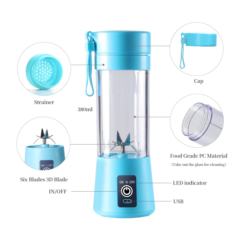 Portable Blender Cup,Electric USB Juicer Blender,Portable Juicer For Shakes and Smoothies, juice,380ml, Six Blades Great for Mixing,light purple