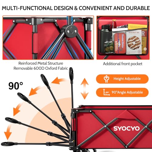 SYOCYO Collapsible Folding Wagon Cart, Heavy Duty Wagon Foldable with 330lbs Weight Capacity, Utility Garden Cart, Beach Wagons with All-Terrain Wheels for Camping, Sports, Shopping, Red