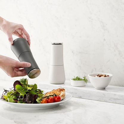 Joseph Joseph Milltop Non-Spill Salt and Pepper Mill Set Refillable with Ceramic Grinding, White/Grey, 24