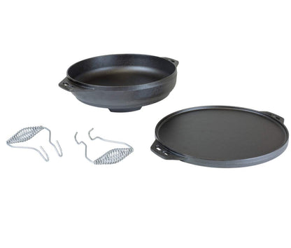 Lodge Cast Iron Cookware Bundle with Reversible Grill/Griddle, Wok, Handles and 4-in-1 Camp Tool