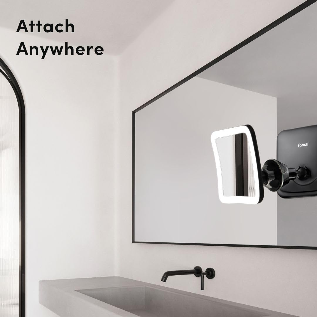 Fancii Rechargeable 10x Magnifying Mirror with 3 LED Light Settings, Dimmable Touch Light, Cordless, Locking Suction Mount, Lighted Mirror for Bathroom or Travel, Mira 2 (White)