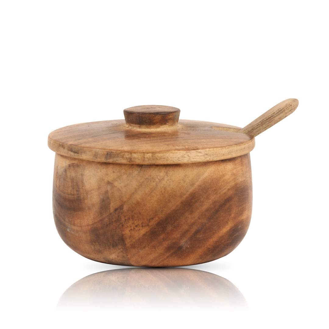 Decorative Rustic Wooden Sugar Bowl & Spoon With Lid Wide Mouth Candy Treat Jar Spice Jar Holder Condiment Nuts Serving Bowl Pot Salt Spice Herb Loose Leaf Tea Storage Container Novelty Home & Kitchen