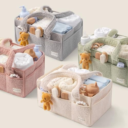 Sweety Fox Baby Diaper Caddy Organizer with Handle - Portable Sherpa Nursery Basket - Car Diaper Organizer, Cleaning Caddy, Gift for Baby Shower - Pink