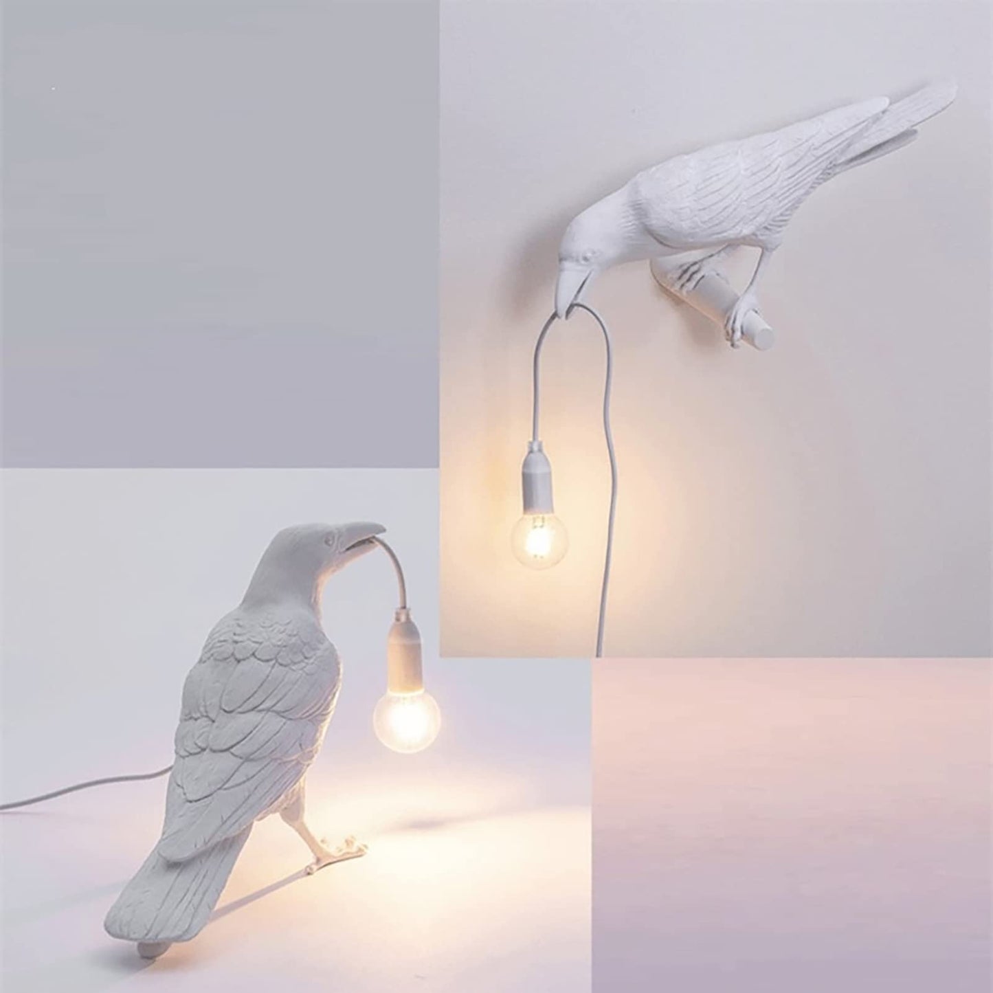 Pizga Raven Table Lamp - Lifelike Resin Crow Light, Art Deco Wall and Desk Lamp for Living Room Decoration (White Stand)