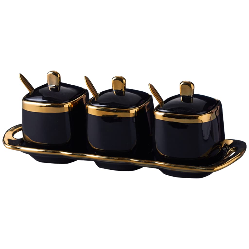 Fvstar Black Sugar Bowl with Lid and Spoon,Ceramic Condiment Jars Spice Container with Tray,Sugar and Salt Bowls,Gold Condiment Containers Pots Seasoning Box Set of 3 for Kitchen Coffee Bar