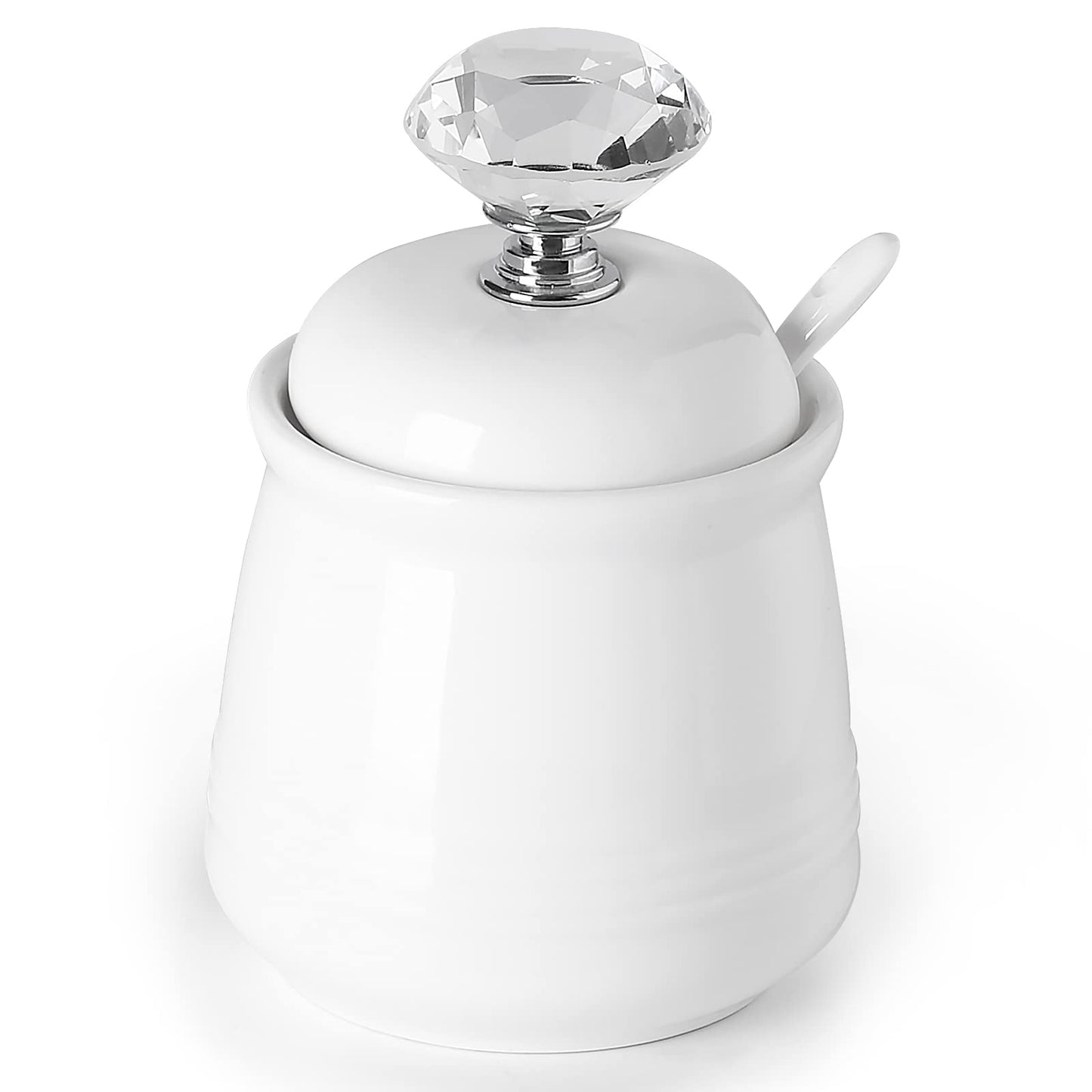 ONTUBE Ceramics Sugar Bowl with Crystal Lid and Spoon 12oz, Silver