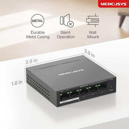 MERCUSYS MS105GP 5 Port Gigabit Network Switch, Ethernet Switch with 4-Port PoE+, 65W Total Budget , Metal Case, Desktop or Wall Mount, TP-Link Silent Operation, Power Saving, Plug & Play